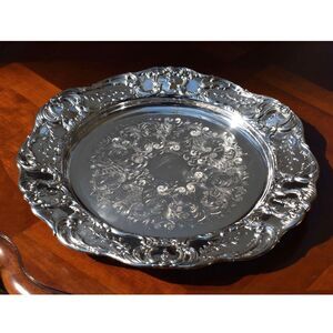 Wallace Grand Baroque Silverplate Tray - Ornate Victorian Round Serving 15.5"